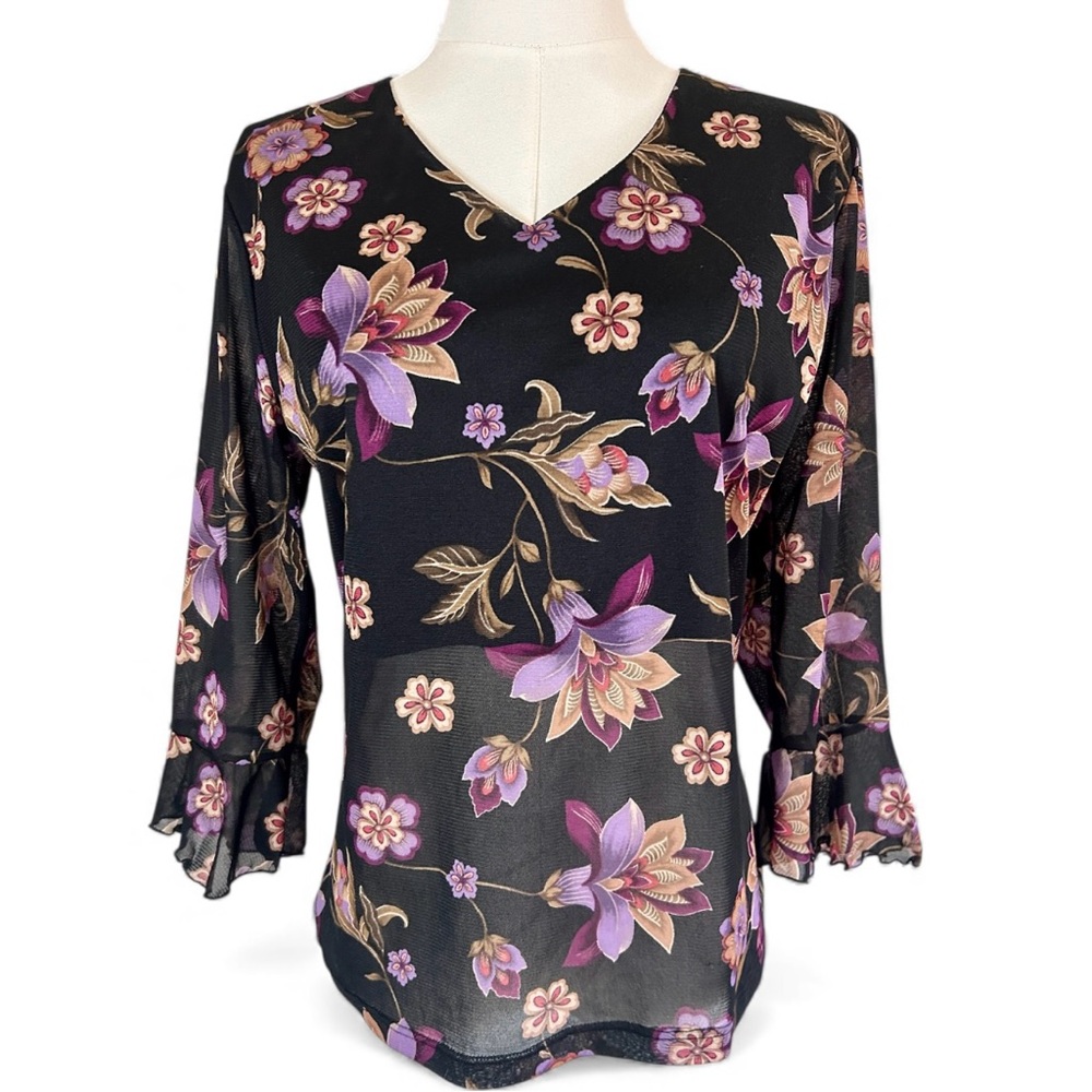 DRESSBARN Sheer Mesh Dark Floral Bell Sleeve Top Whimsigoth Y2K Fairy Grunge | L